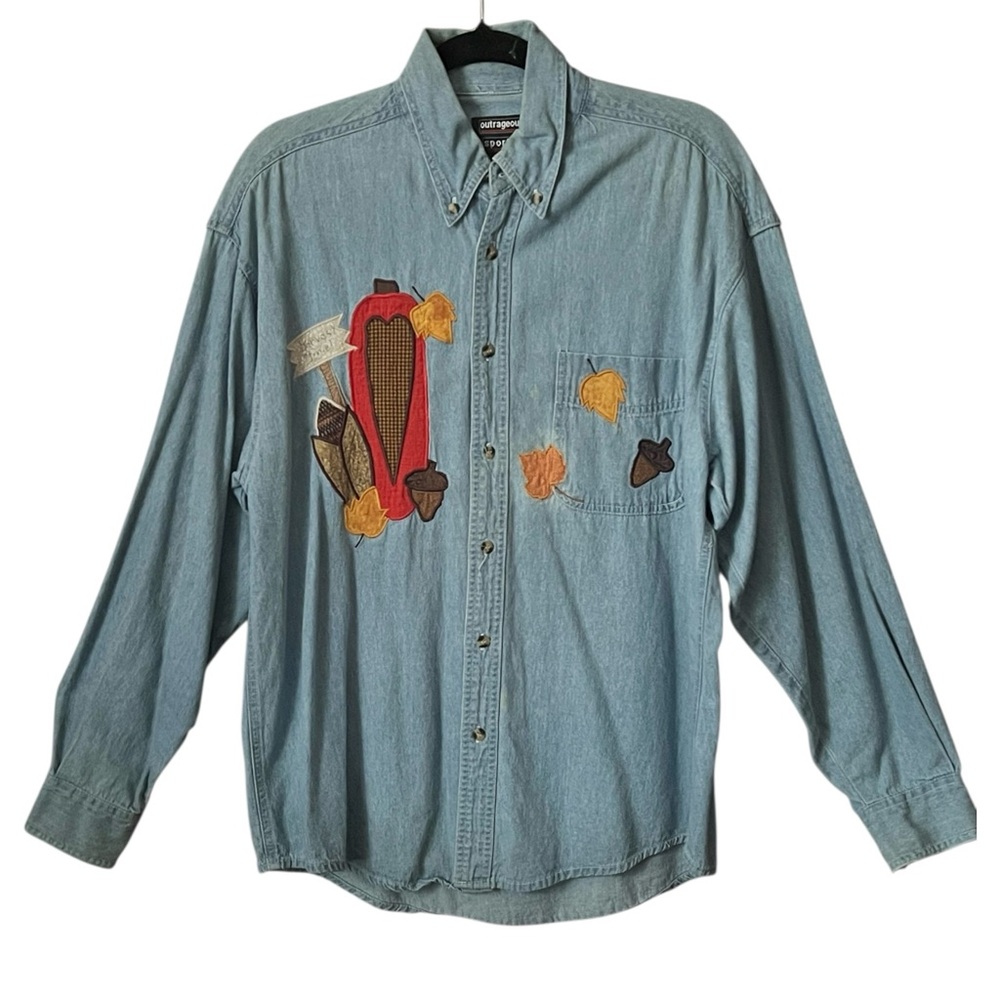 Denim Embroidered fall design Outrageous Sports Button front shirt. SZ. M.